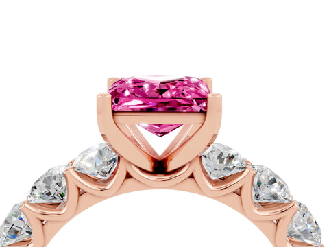 Rose gold Princess Cut Pink Sapphire Prong Setting with Side Stones on a Pave Band_28