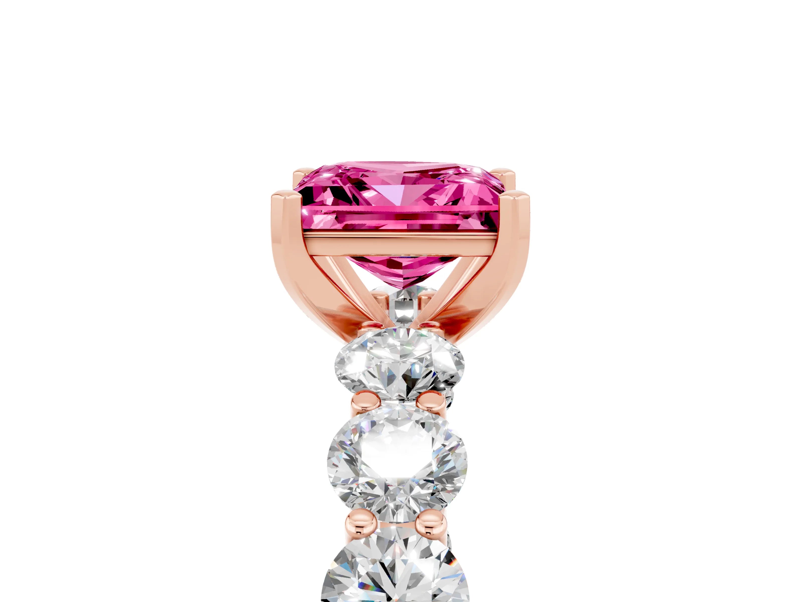 Rose gold Princess Cut Pink Sapphire Prong Setting with Side Stones on a Pave Band_29