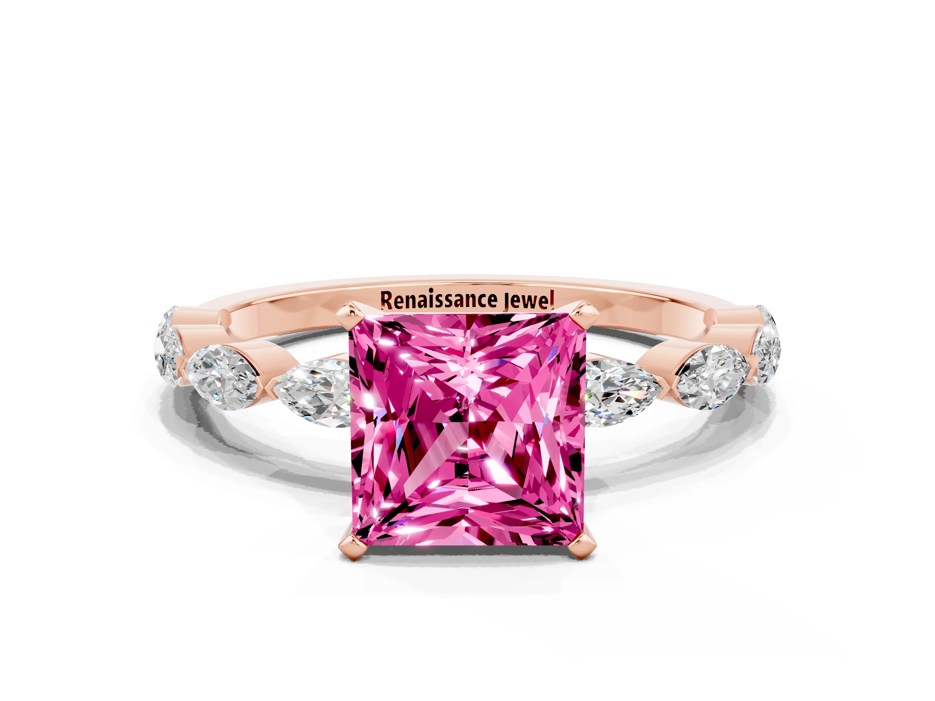 Rose gold Princess Cut Pink Sapphire Ring with Marquise Side Stones and Prong Setting_12