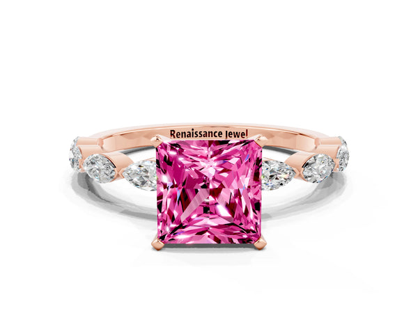 Rose gold Princess Cut Pink Sapphire Ring with Marquise Side Stones and Prong Setting