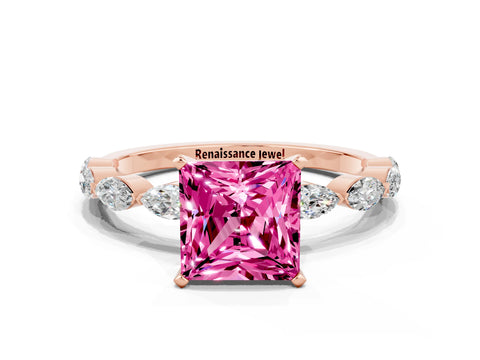 Rose gold Princess Cut Pink Sapphire Ring with Marquise Side Stones and Prong Setting_12