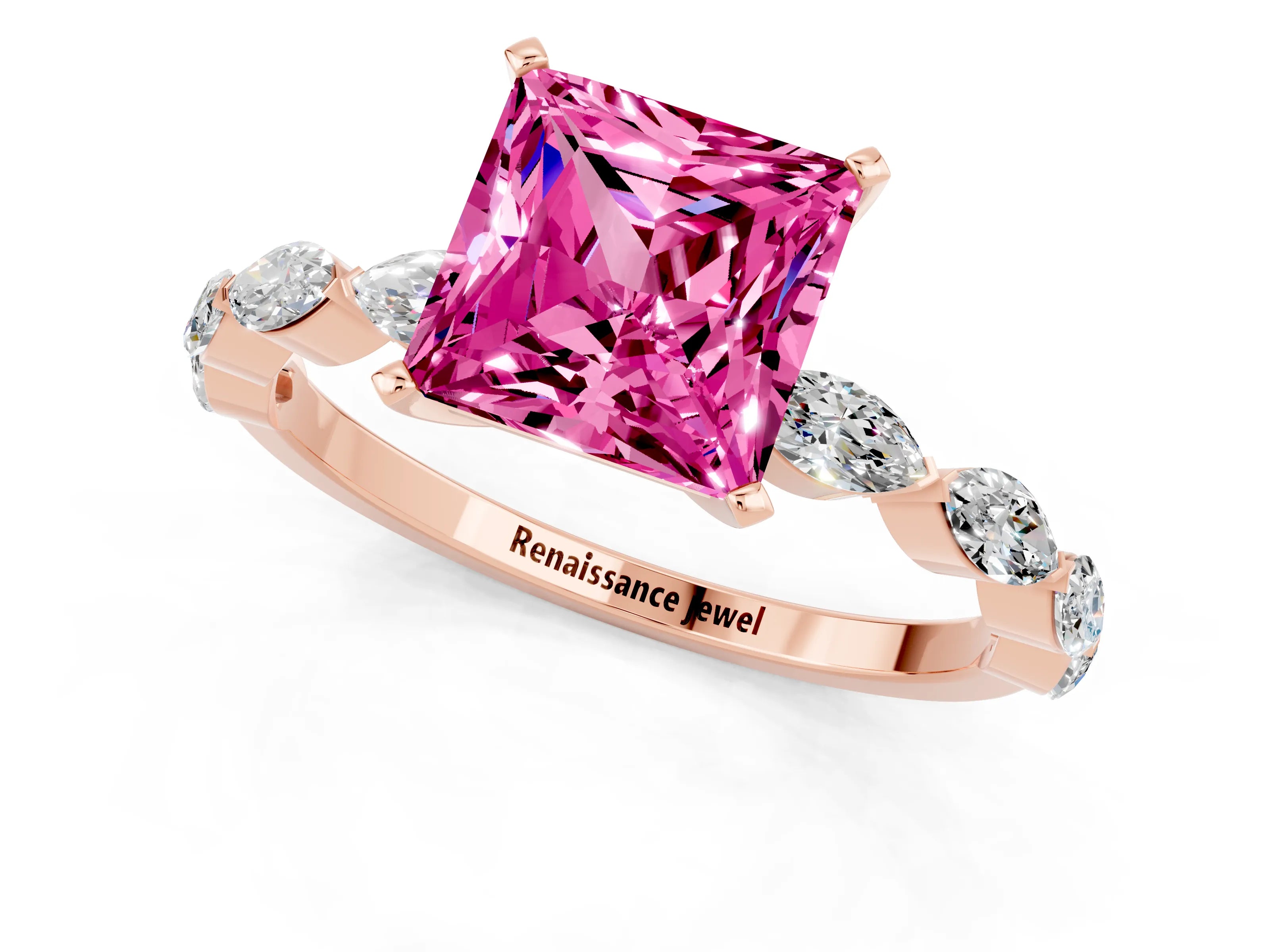 Rose gold Princess Cut Pink Sapphire Ring with Marquise Side Stones and Prong Setting_13