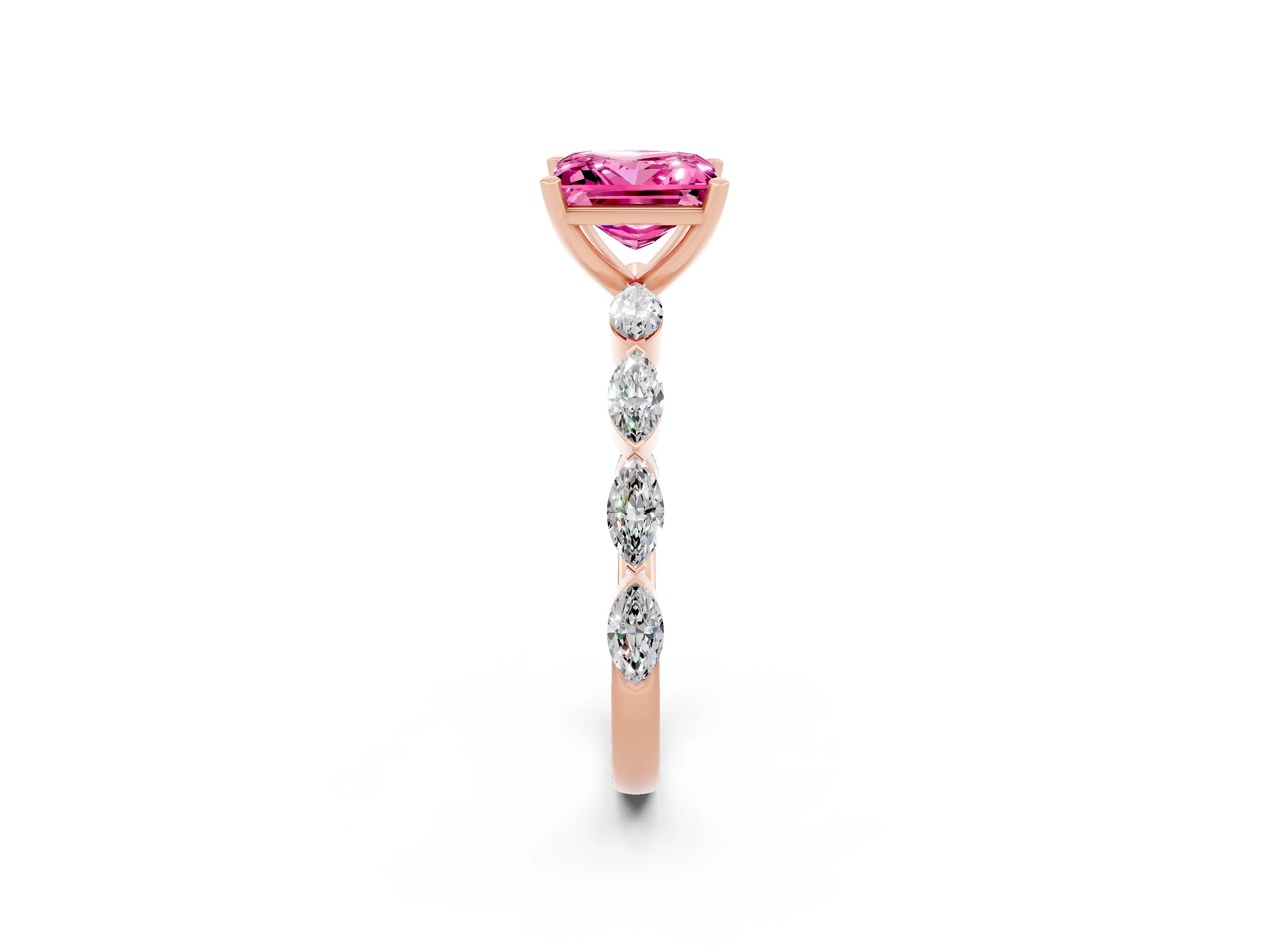 Rose gold Princess Cut Pink Sapphire Ring with Marquise Side Stones and Prong Setting_14
