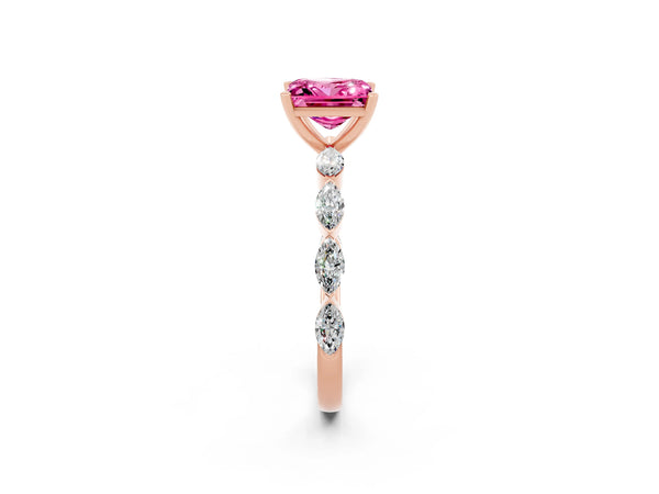 Rose gold Princess Cut Pink Sapphire Ring with Marquise Side Stones and Prong Setting