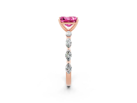 Rose gold Princess Cut Pink Sapphire Ring with Marquise Side Stones and Prong Setting_14