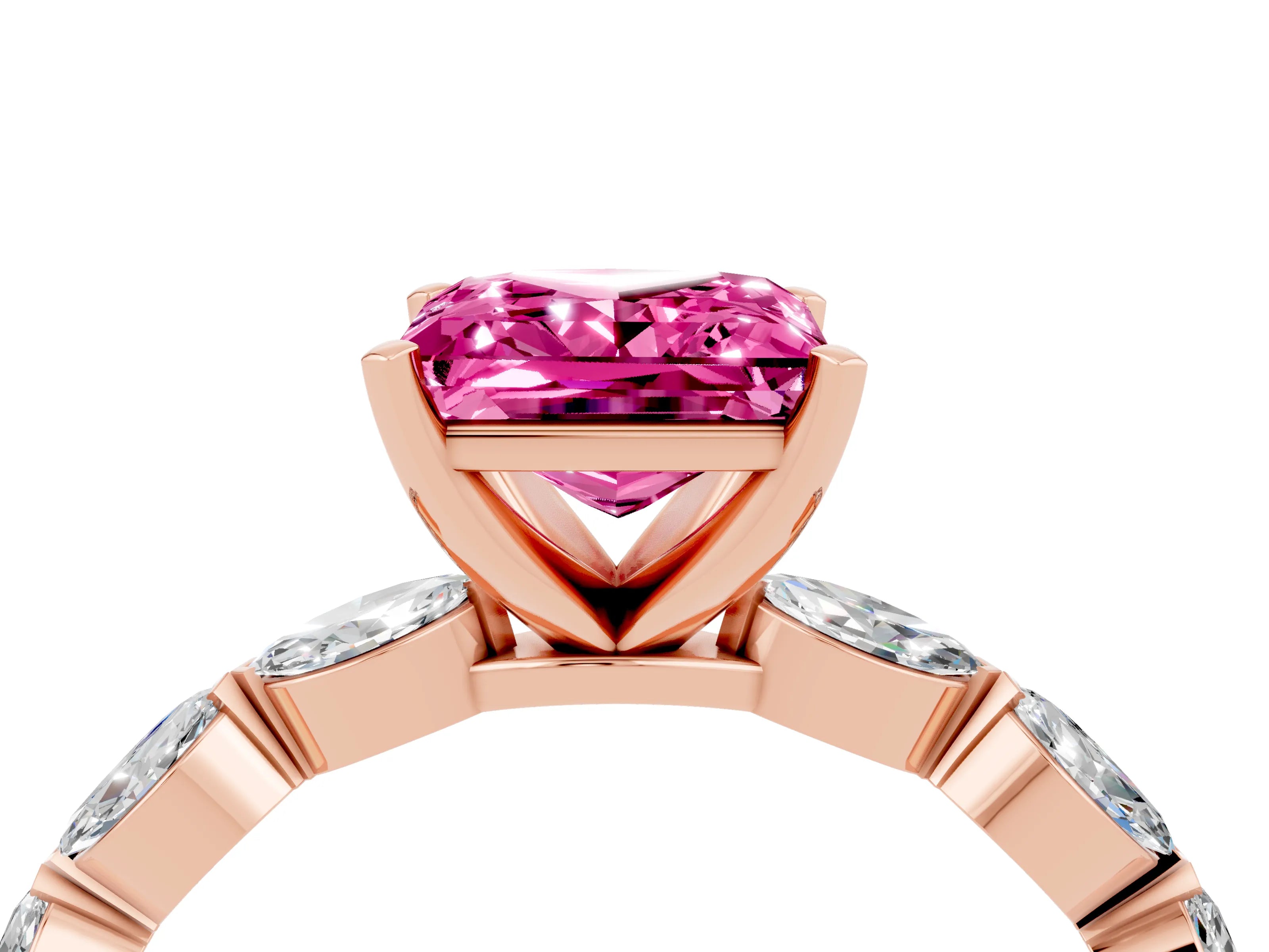 Rose gold Princess Cut Pink Sapphire Ring with Marquise Side Stones and Prong Setting_16