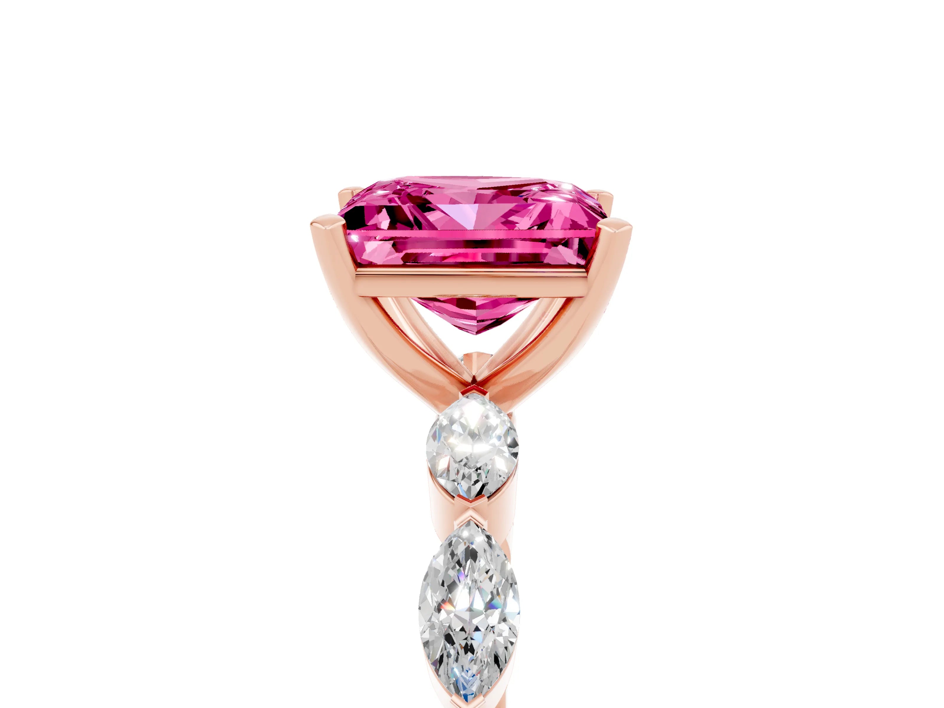 Rose gold Princess Cut Pink Sapphire Ring with Marquise Side Stones and Prong Setting_17