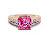 Rose gold Princess Cut Pink Sapphire Ring with Milgrain Pavé Band and Four-Prong Setting_36