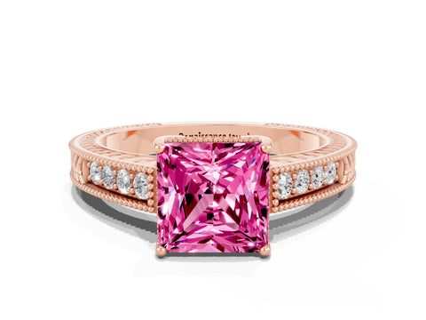 Rose gold Princess Cut Pink Sapphire Ring with Milgrain Pavé Band and Four-Prong Setting_36