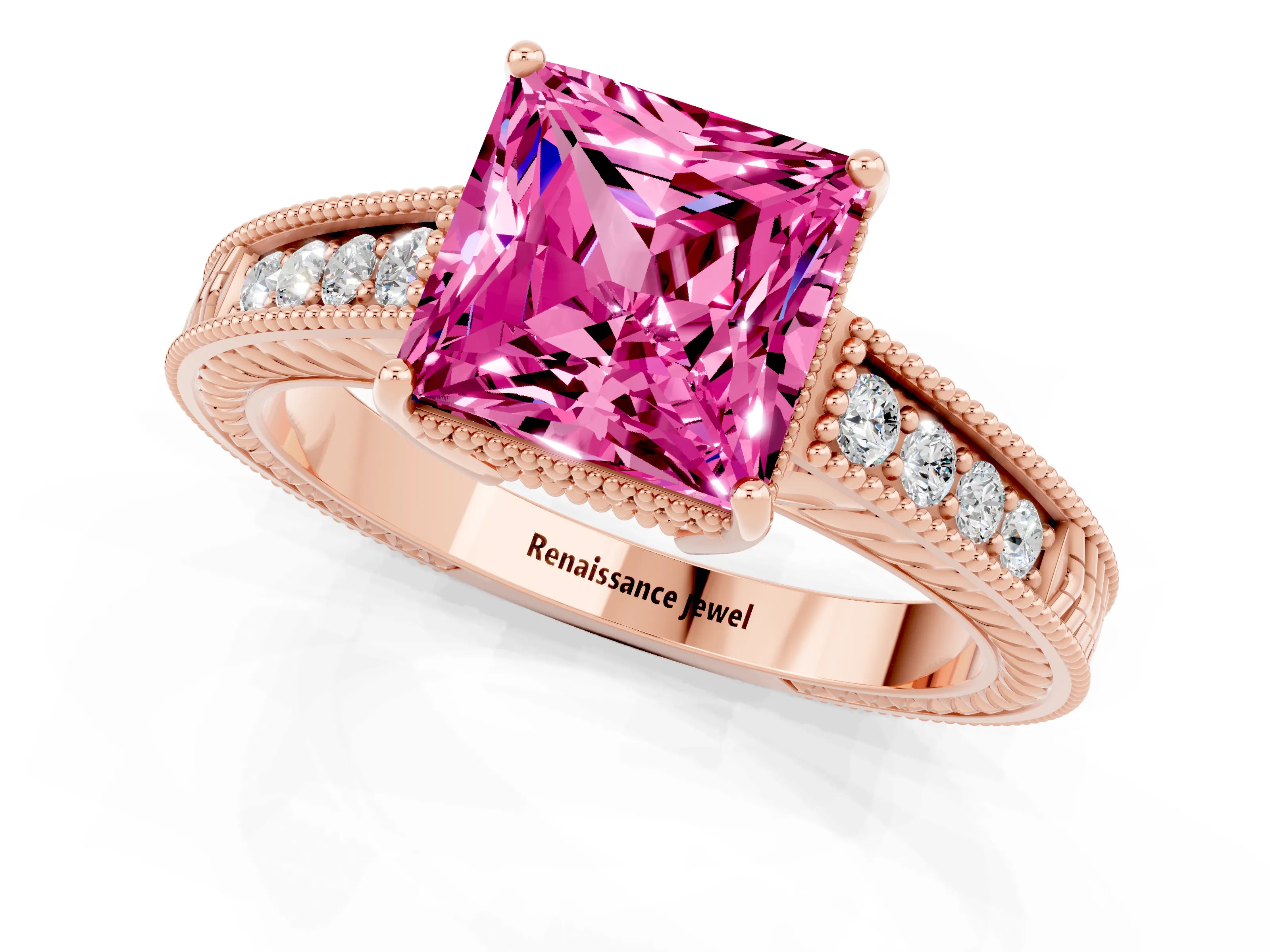 Rose gold Princess Cut Pink Sapphire Ring with Milgrain Pavé Band and Four-Prong Setting_37