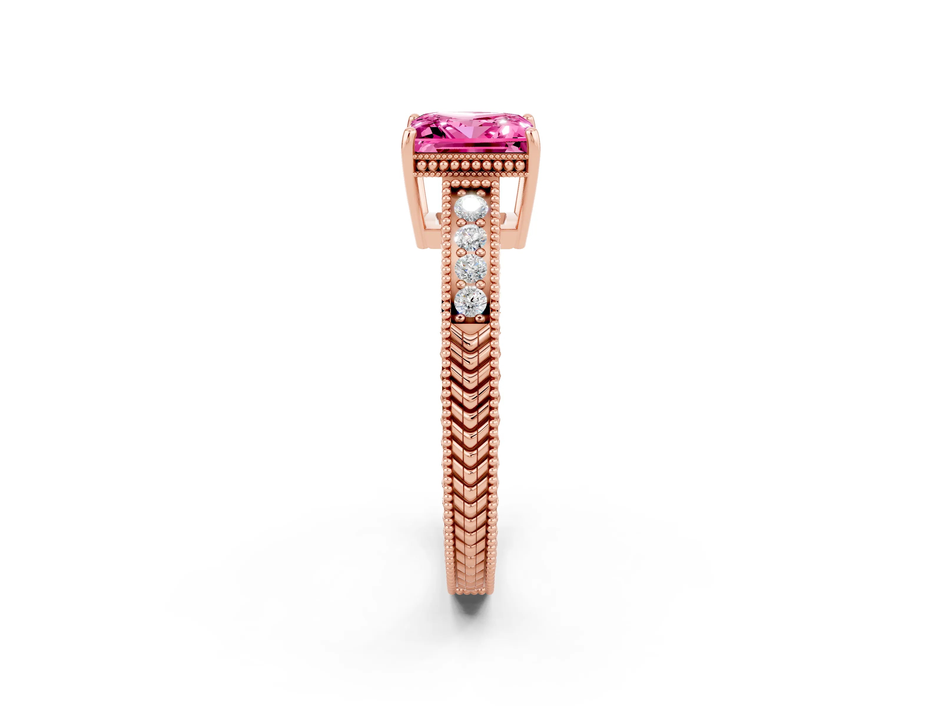 Rose gold Princess Cut Pink Sapphire Ring with Milgrain Pavé Band and Four-Prong Setting_38