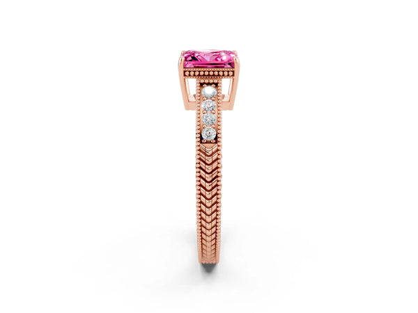 Rose gold Princess Cut Pink Sapphire Ring with Milgrain Pavé Band and Four-Prong Setting