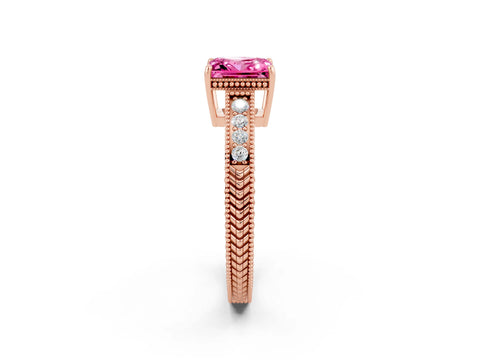 Rose gold Princess Cut Pink Sapphire Ring with Milgrain Pavé Band and Four-Prong Setting_38