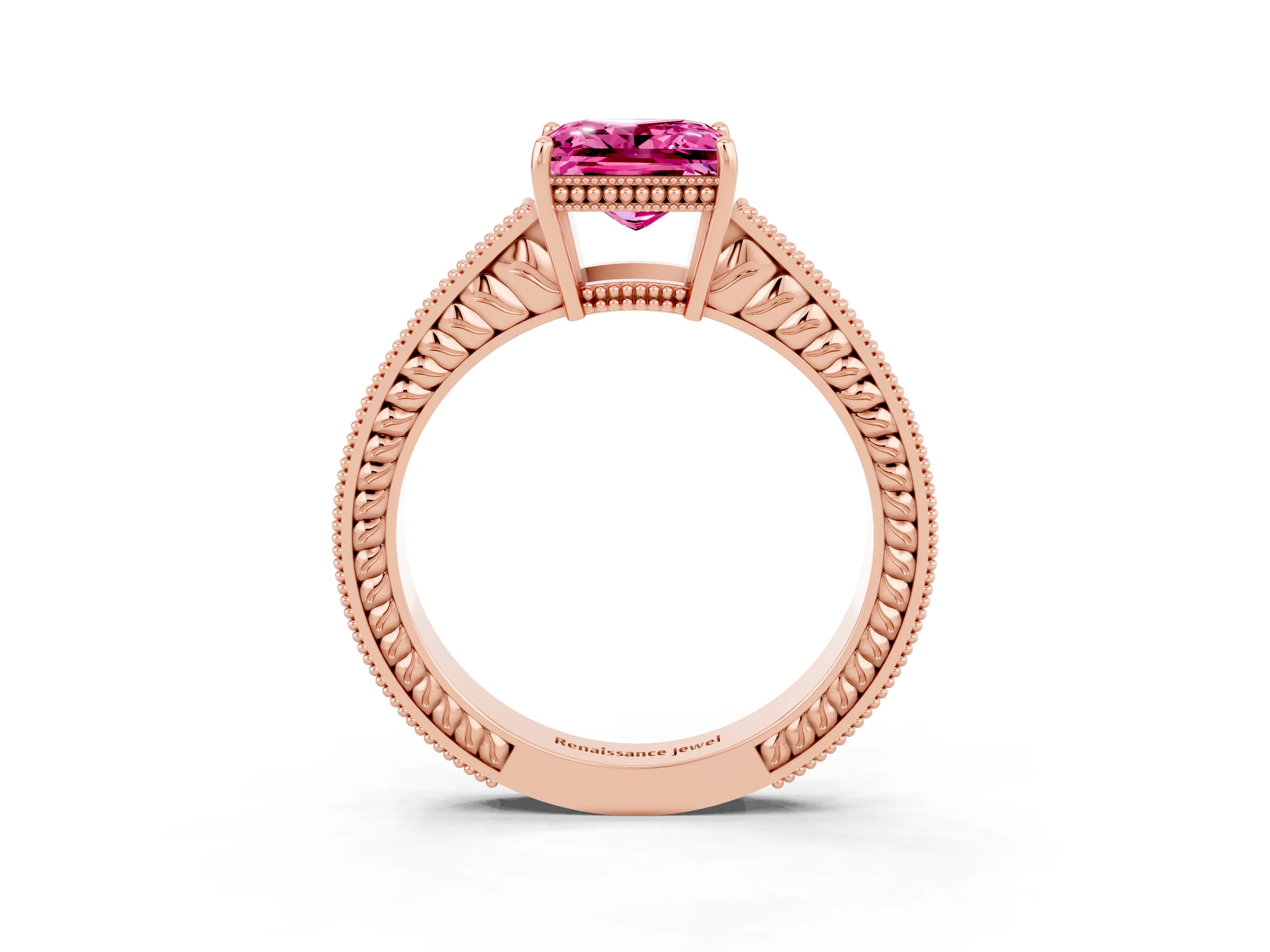 Rose gold Princess Cut Pink Sapphire Ring with Milgrain Pavé Band and Four-Prong Setting_39