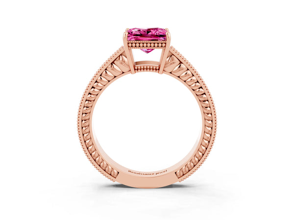 Rose gold Princess Cut Pink Sapphire Ring with Milgrain Pavé Band and Four-Prong Setting
