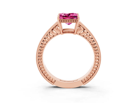 Rose gold Princess Cut Pink Sapphire Ring with Milgrain Pavé Band and Four-Prong Setting_39