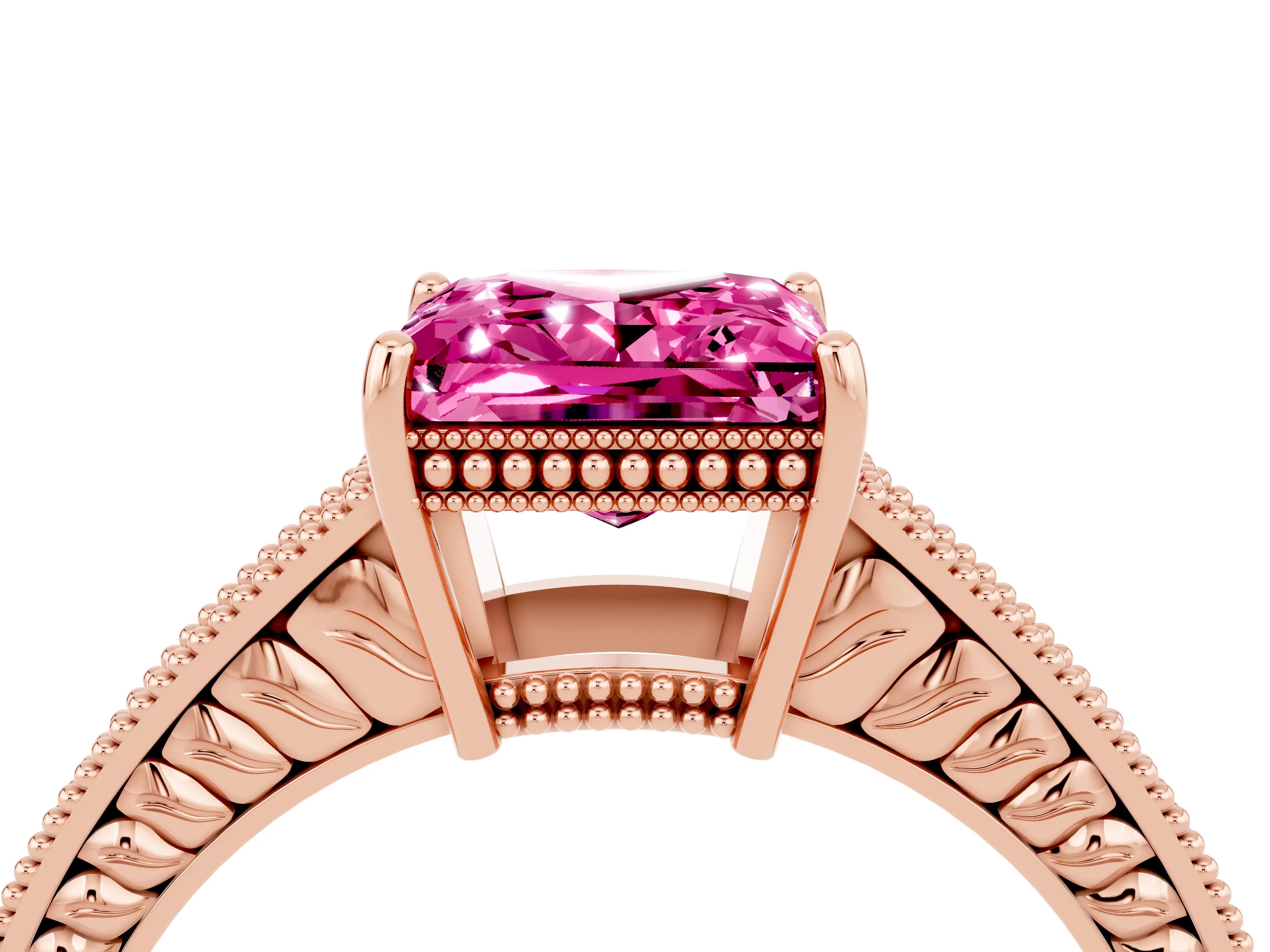 Rose gold Princess Cut Pink Sapphire Ring with Milgrain Pavé Band and Four-Prong Setting_40
