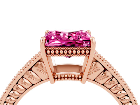 Rose gold Princess Cut Pink Sapphire Ring with Milgrain Pavé Band and Four-Prong Setting_40