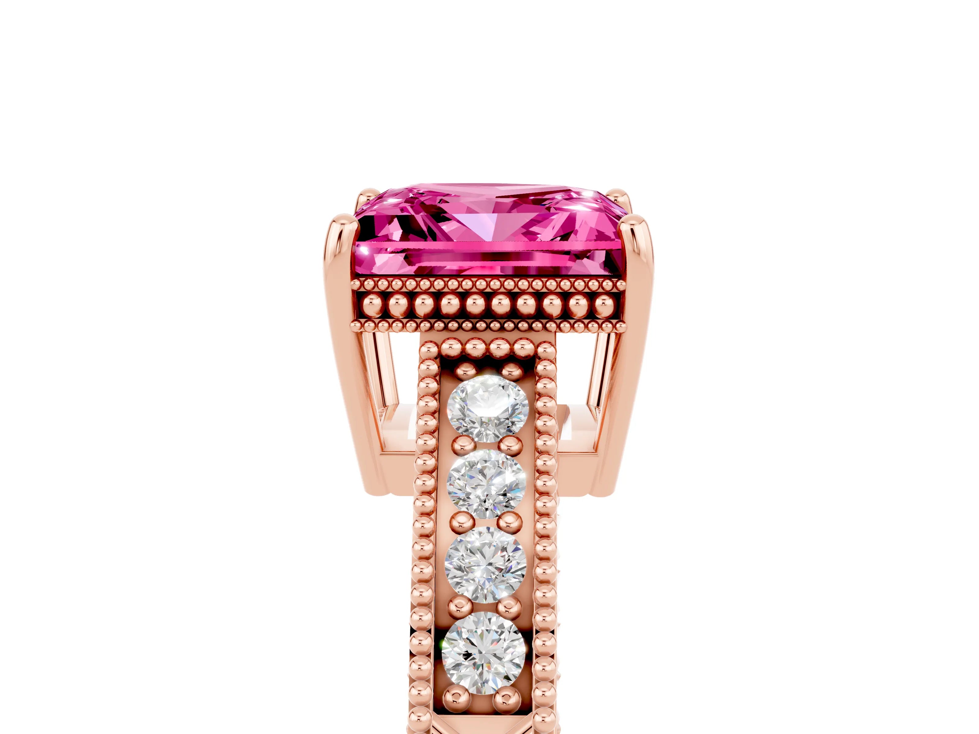 Rose gold Princess Cut Pink Sapphire Ring with Milgrain Pavé Band and Four-Prong Setting_41