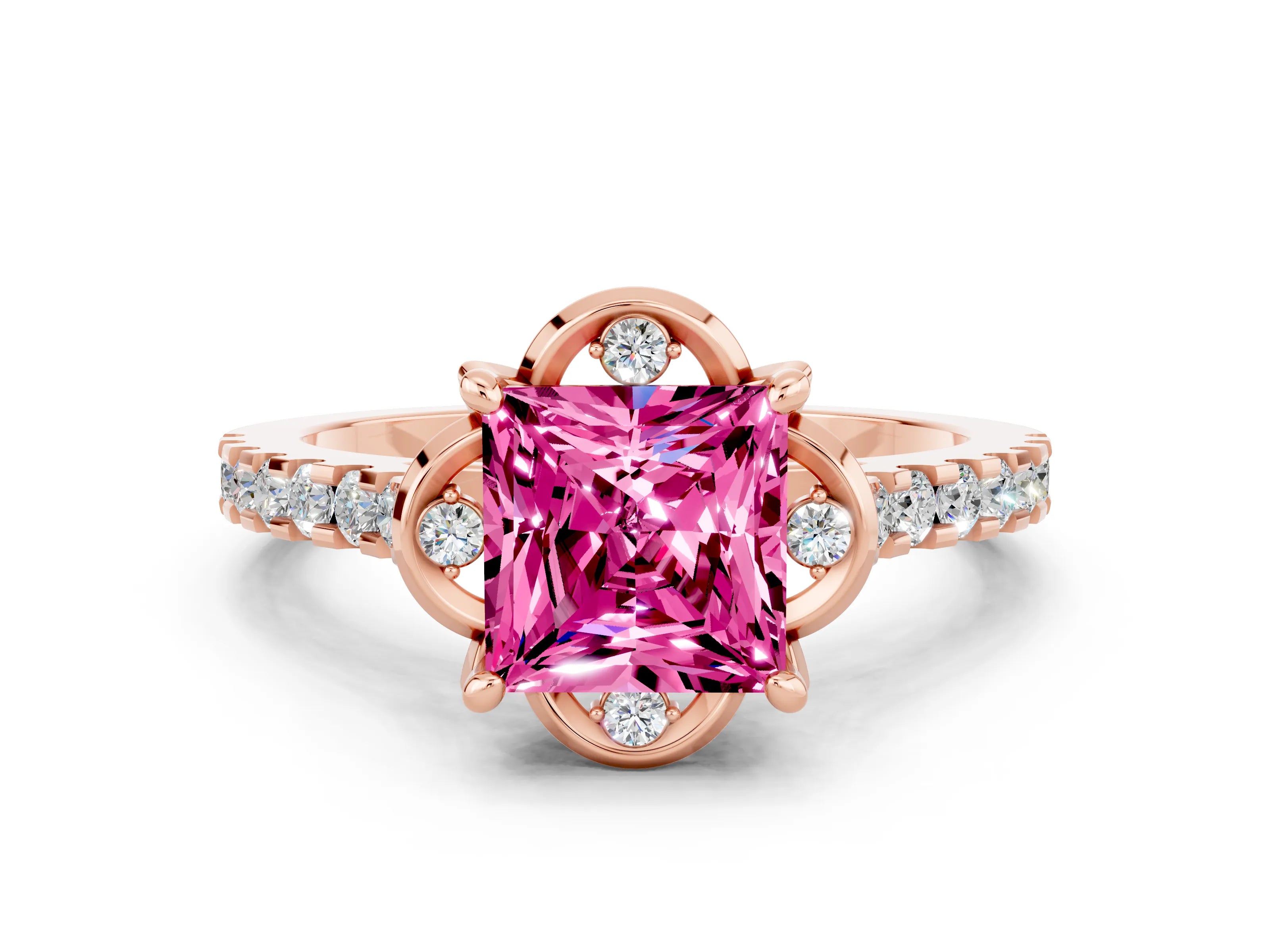 Rose gold Princess Cut Pink Sapphire Ring with Pavé Band and Floral Prong Setting