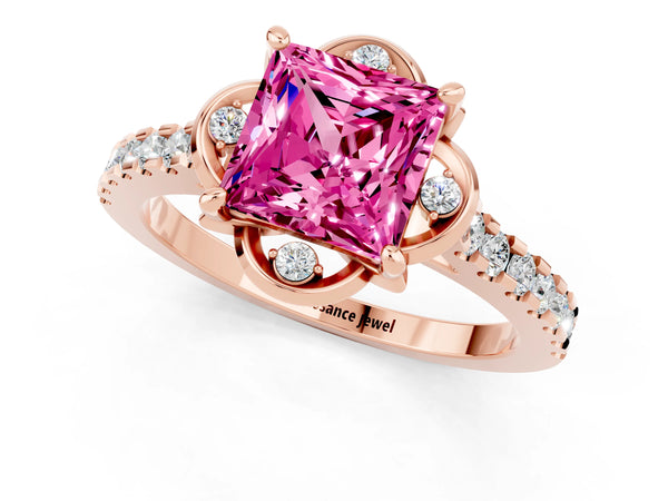 Rose gold Princess Cut Pink Sapphire Ring with Pavé Band and Floral Prong Setting