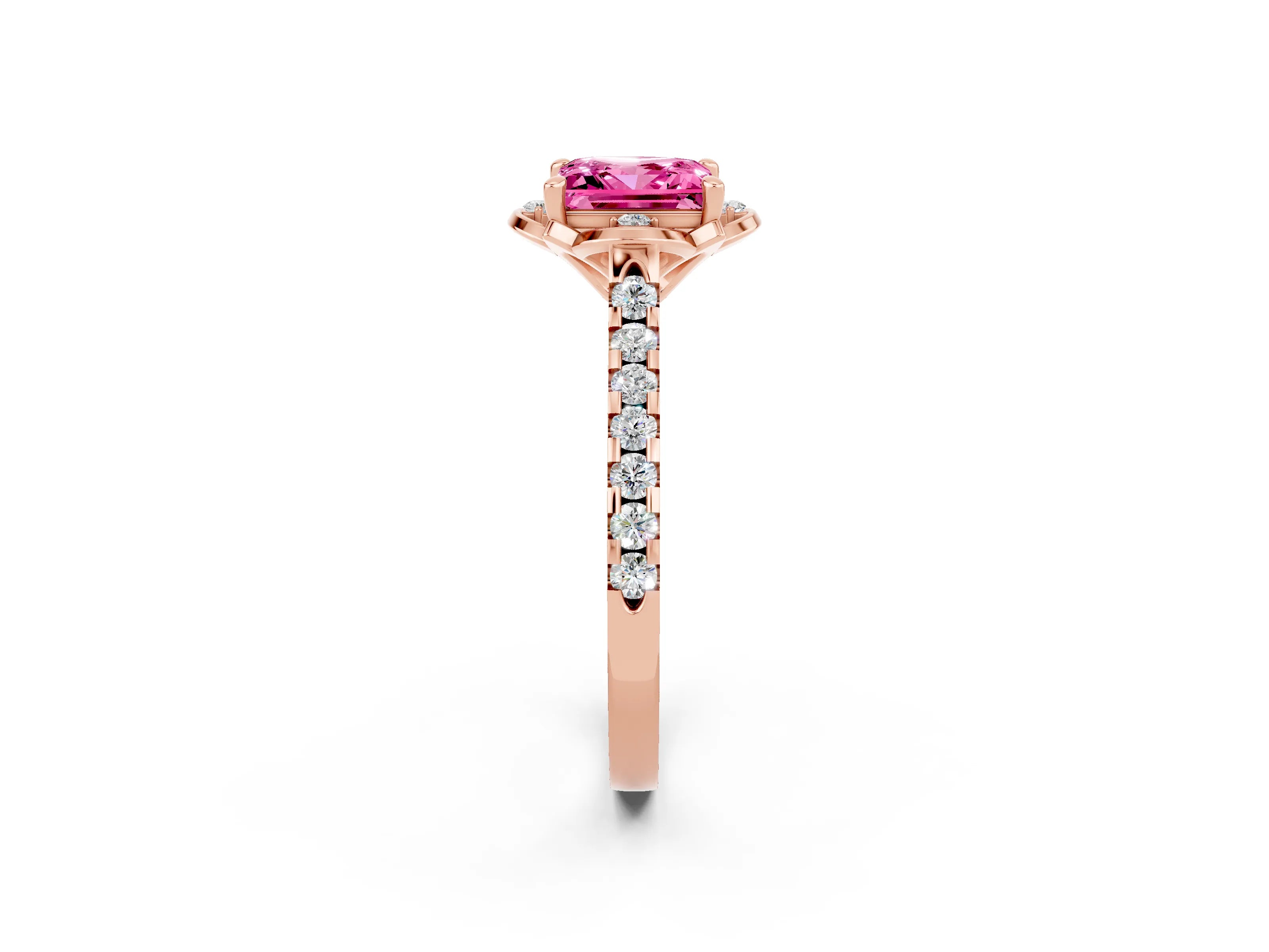 Rose gold Princess Cut Pink Sapphire Ring with Pavé Band and Floral Prong Setting_2