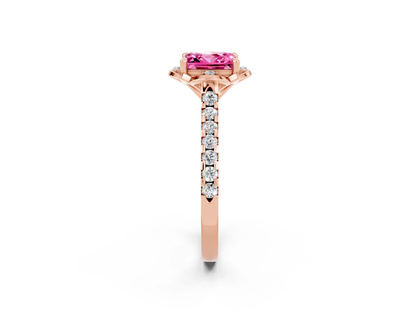 Rose gold Princess Cut Pink Sapphire Ring with Pavé Band and Floral Prong Setting