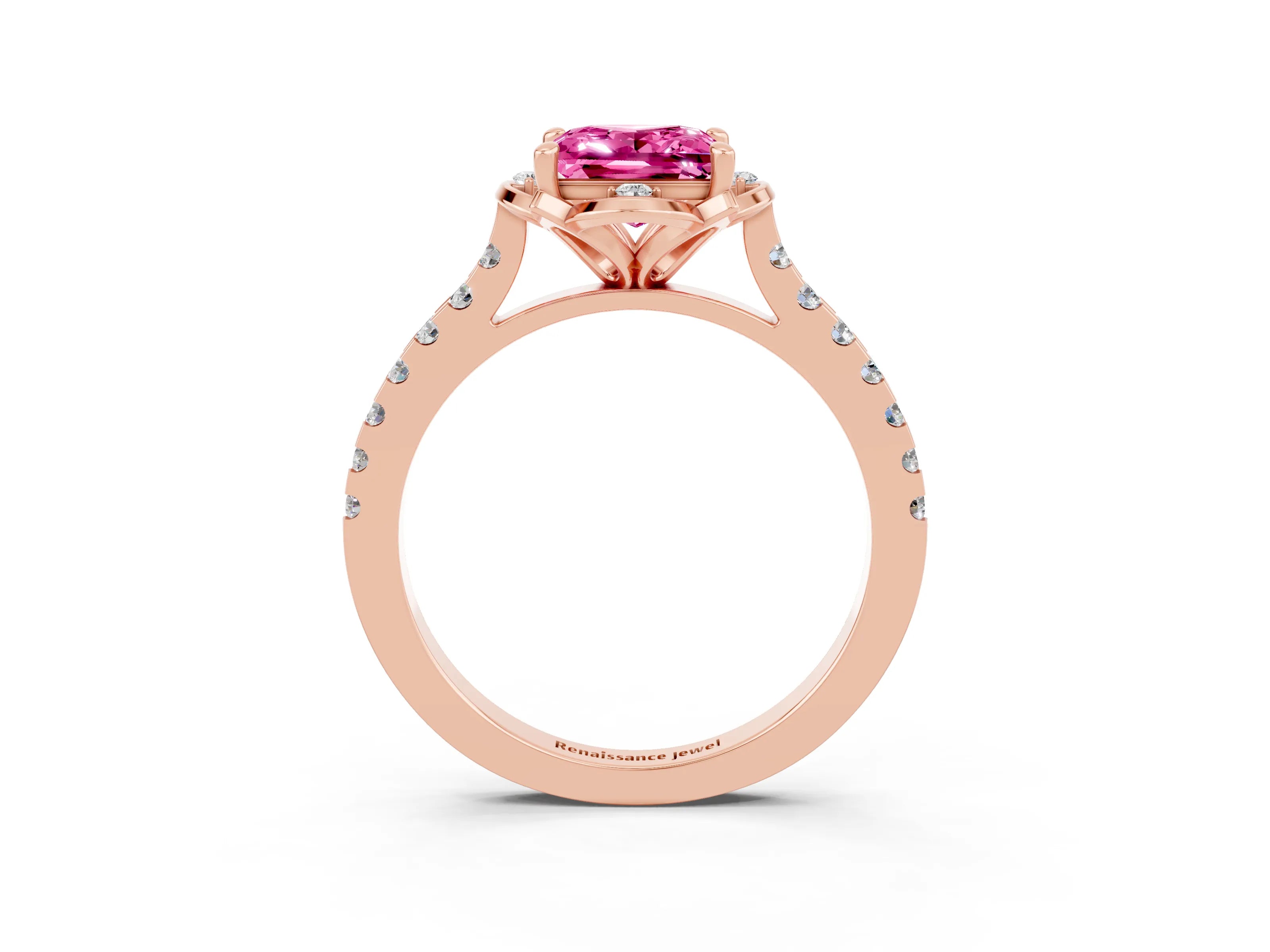 Rose gold Princess Cut Pink Sapphire Ring with Pavé Band and Floral Prong Setting_3