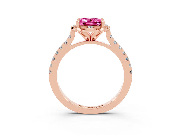 Rose gold Princess Cut Pink Sapphire Ring with Pavé Band and Floral Prong Setting