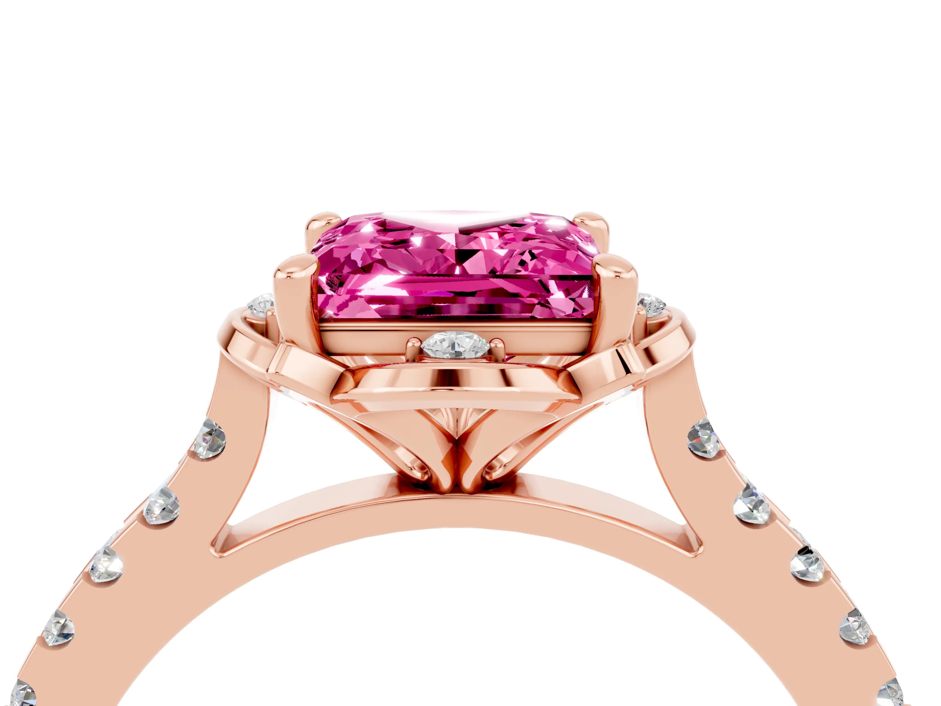 Rose gold Princess Cut Pink Sapphire Ring with Pavé Band and Floral Prong Setting_4