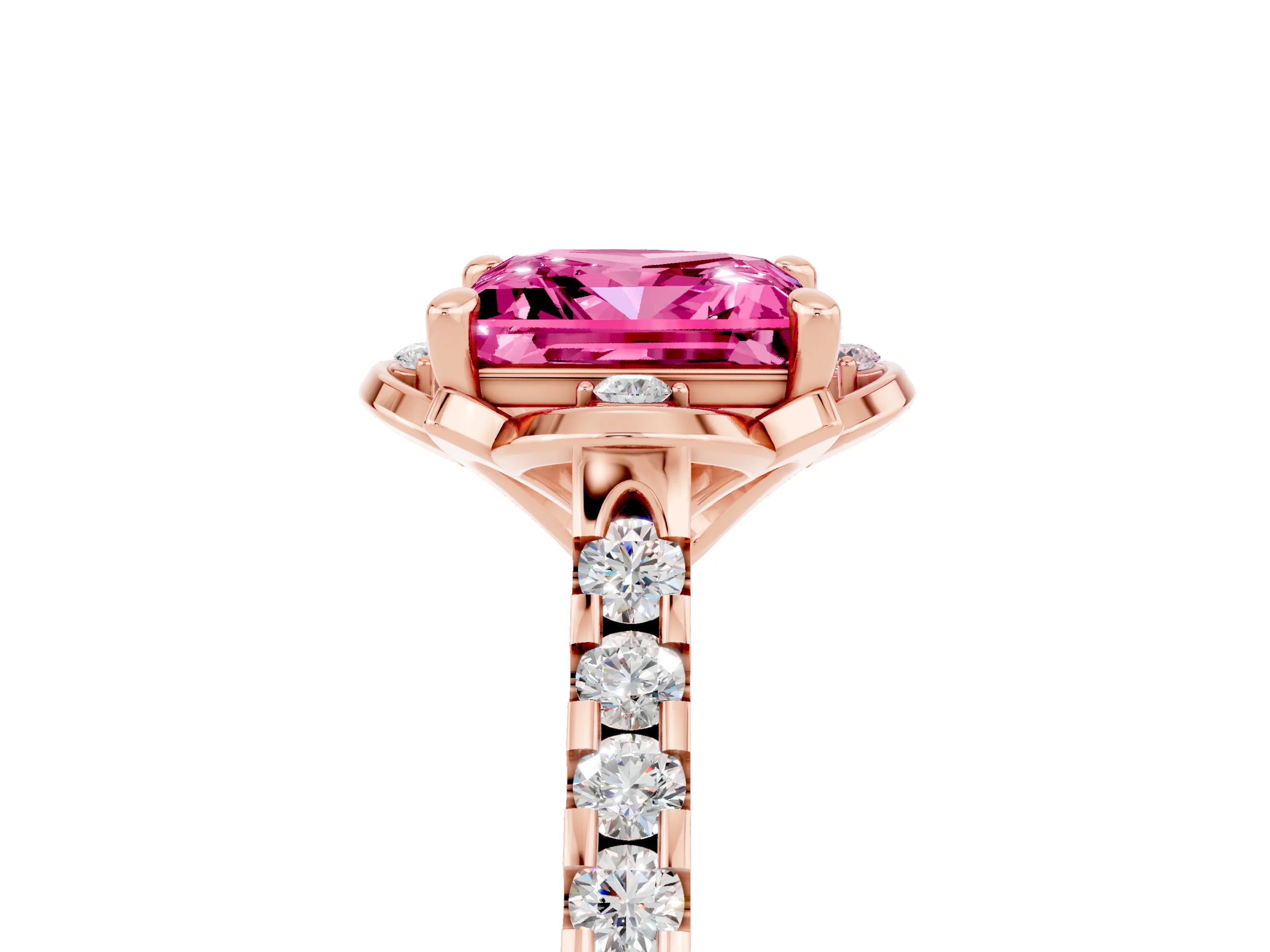 Rose gold Princess Cut Pink Sapphire Ring with Pavé Band and Floral Prong Setting_5