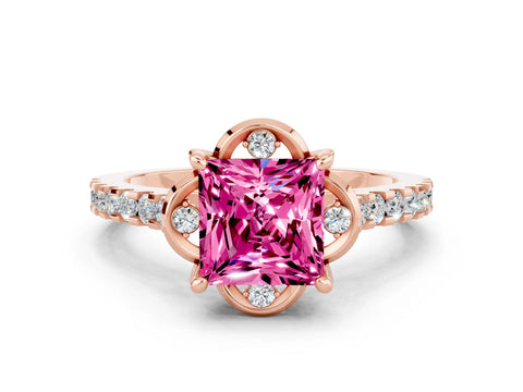 Rose gold Princess Cut Pink Sapphire Ring with Pavé Band and Floral Prong Setting