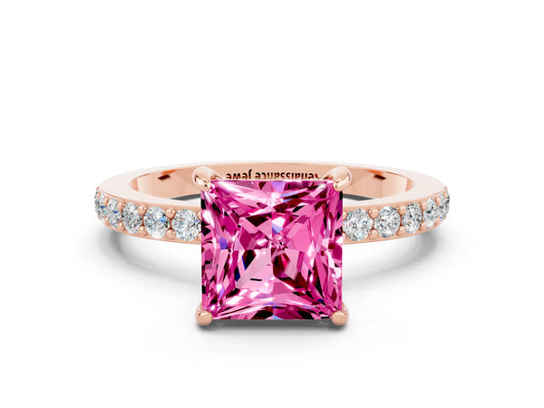 Rose gold Princess Cut Pink Sapphire Pavé Engagement Ring with Round  Accents and Prong Setting