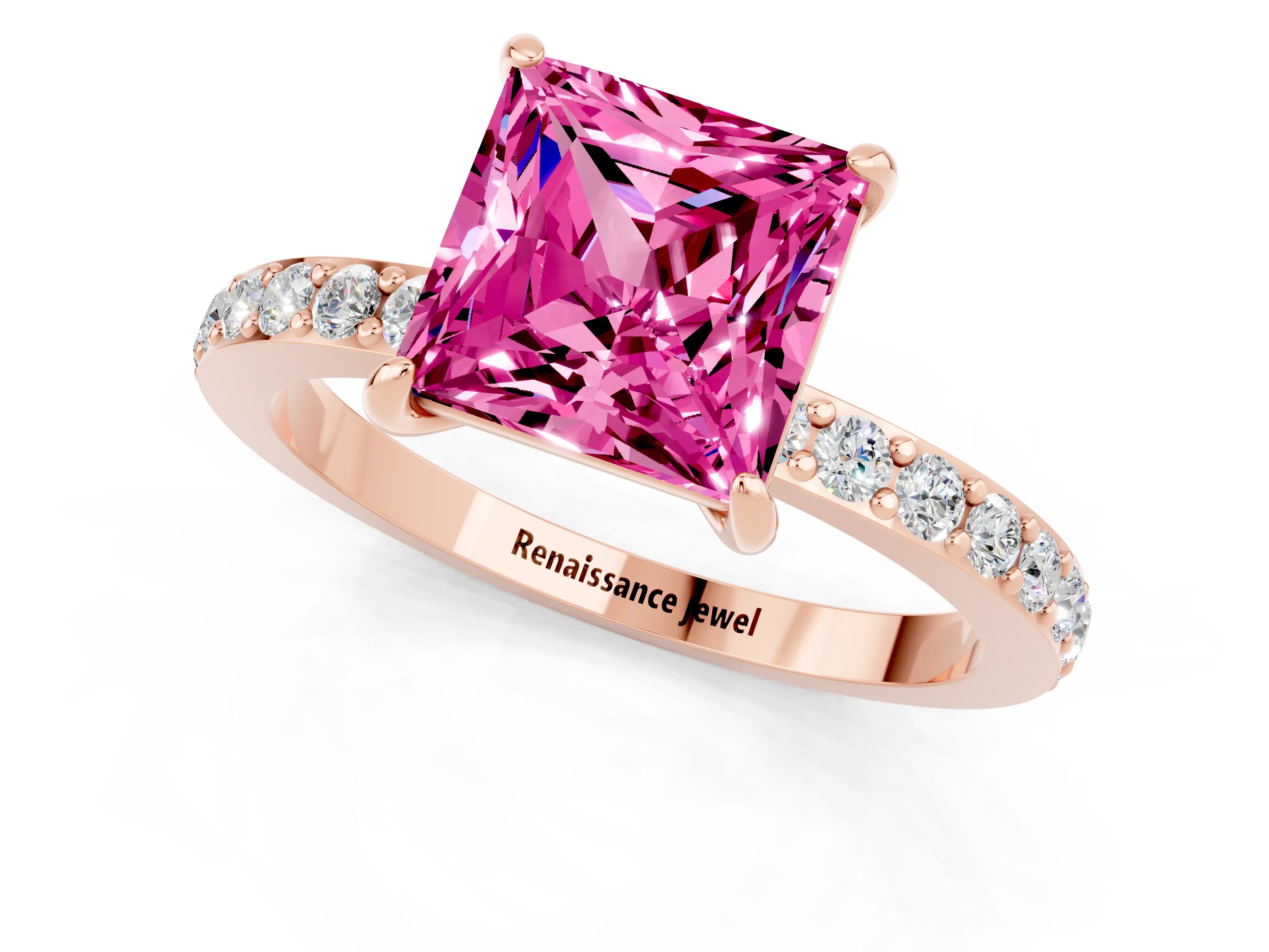 Rose gold Princess Cut Pink Sapphire Ring with Pavé Band and Four-Prong Setting_25