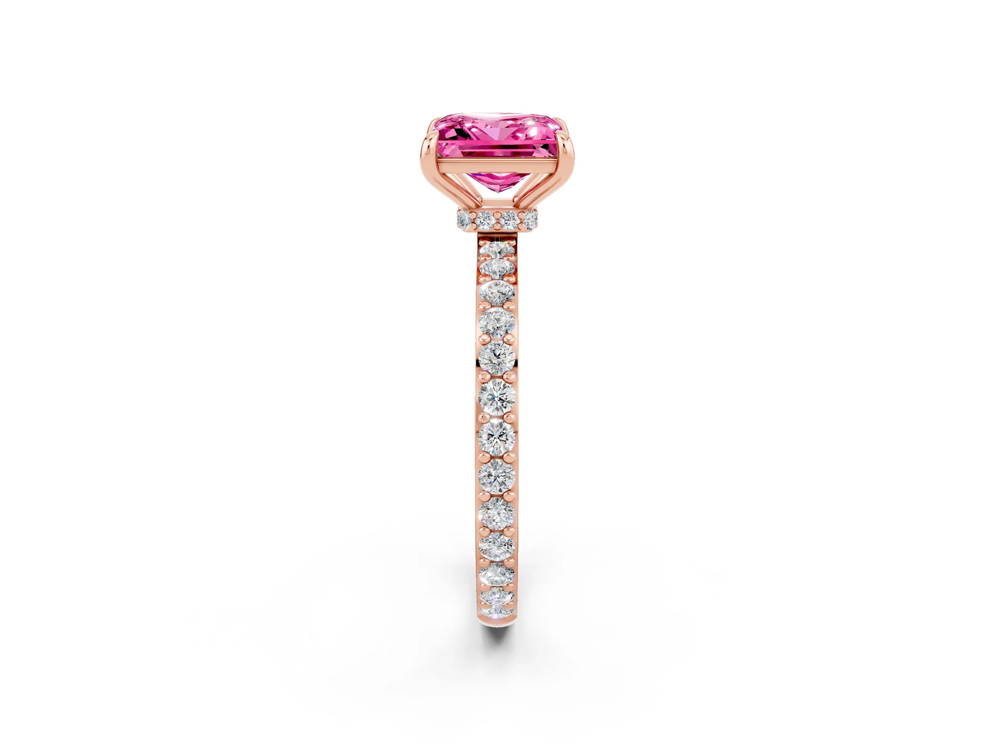 Rose gold Princess Cut Pink Sapphire Ring with Pavé Band and Four-Prong Setting_26