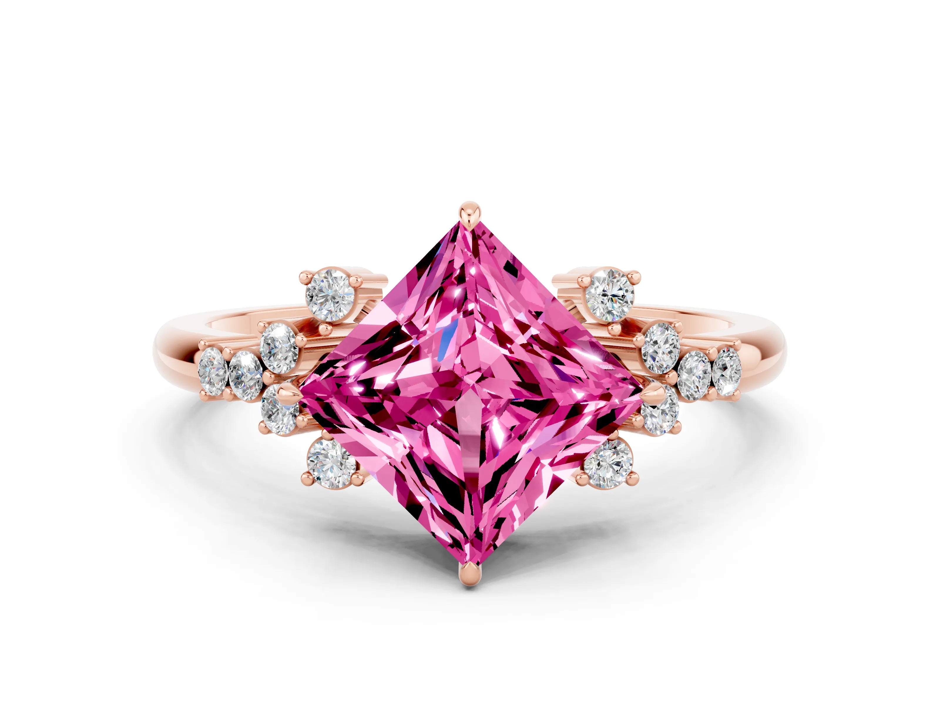 Rose gold Princess Cut Pink Sapphire Ring with Side Stones and Four-Prong Setting_60