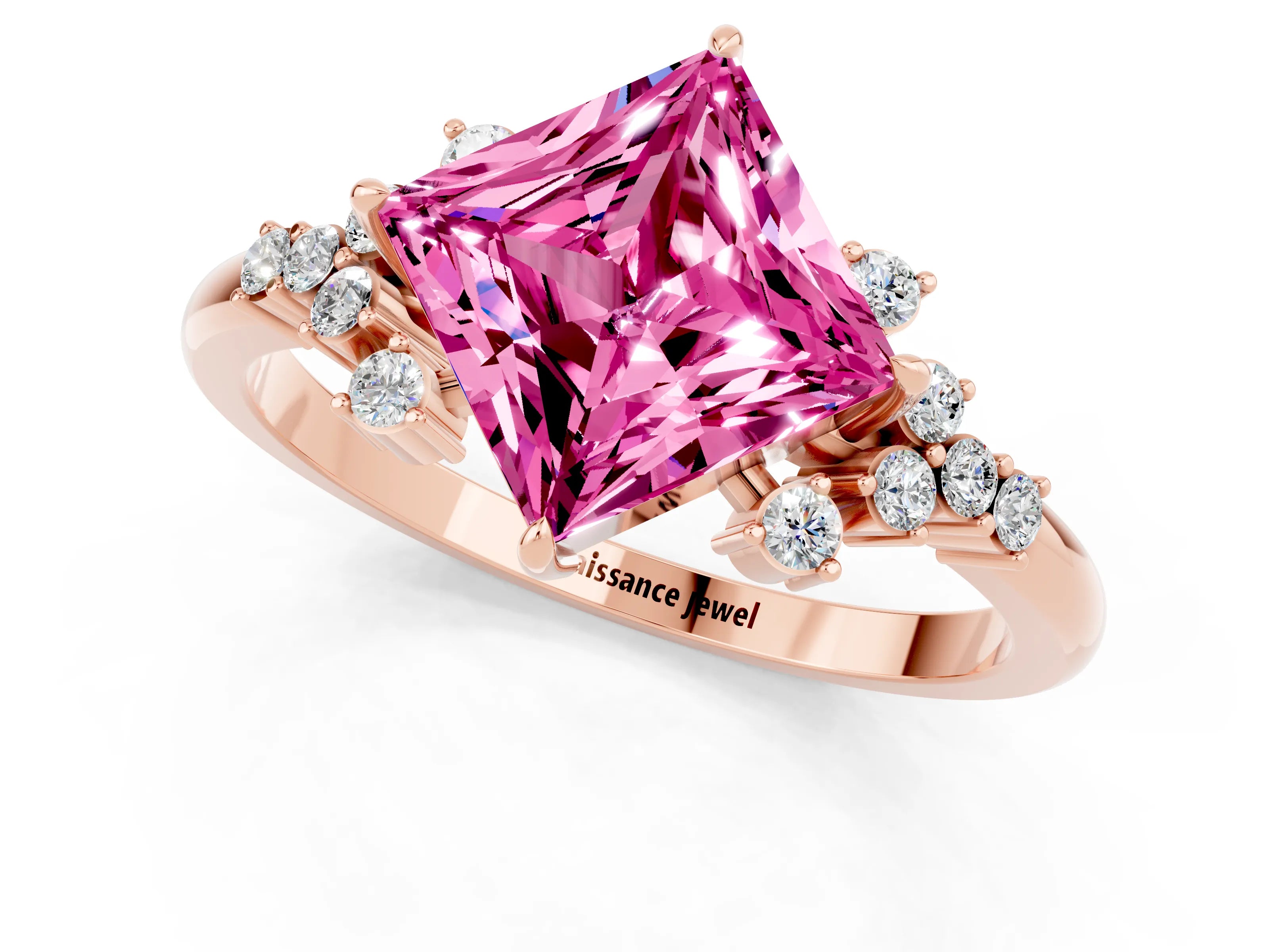 Rose gold Princess Cut Pink Sapphire Ring with Side Stones and Four-Prong Setting_61