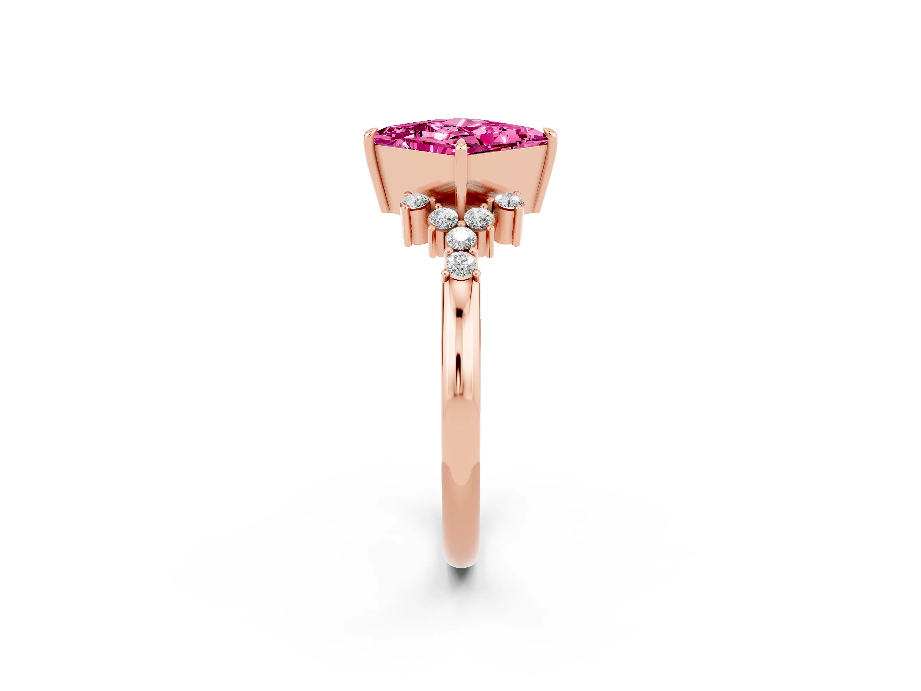 Rose gold Princess Cut Pink Sapphire Ring with Side Stones and Four-Prong Setting_62