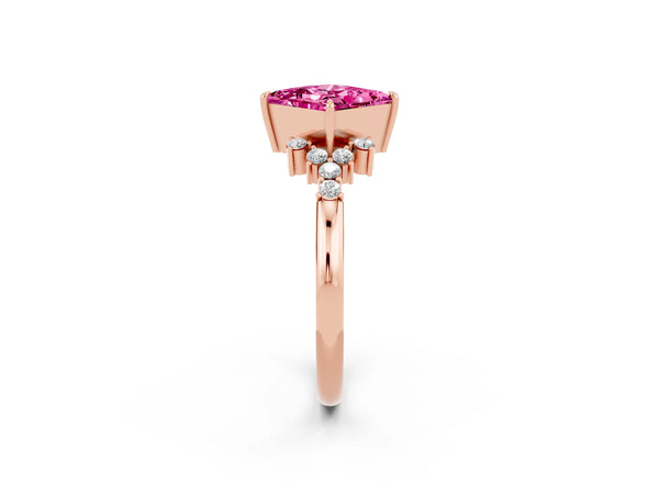 Rose gold Princess Cut Pink Sapphire Ring with Side Stones and Four-Prong Setting