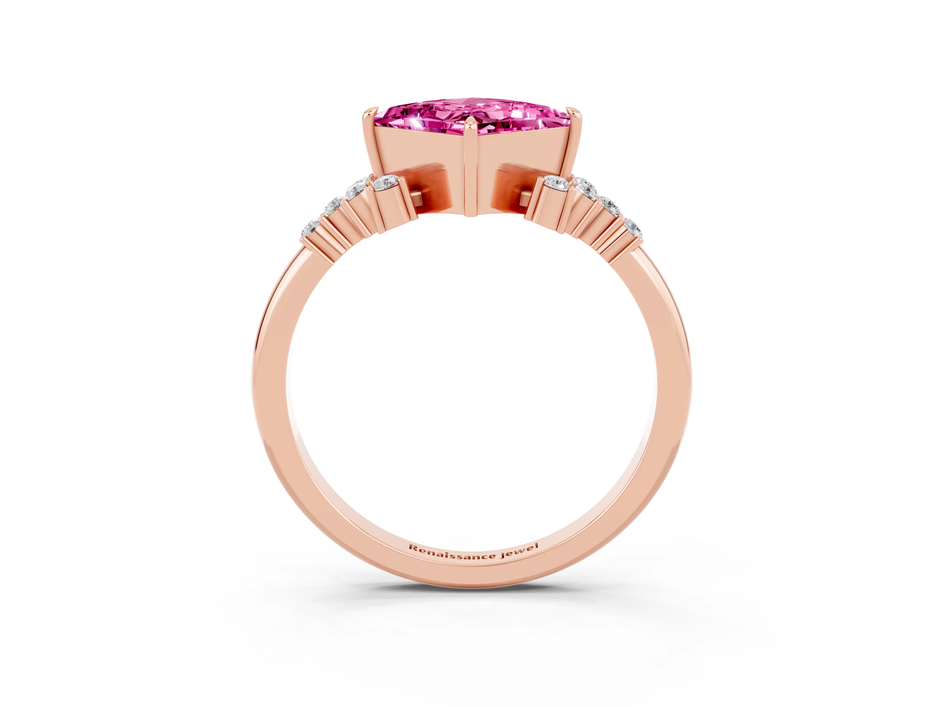 Rose gold Princess Cut Pink Sapphire Ring with Side Stones and Four-Prong Setting_63