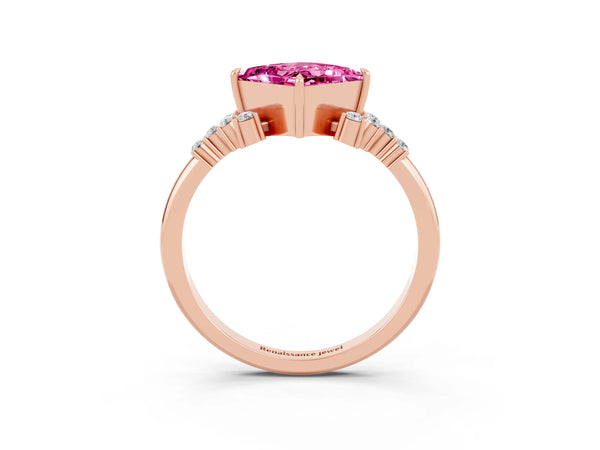 Rose gold Princess Cut Pink Sapphire Ring with Side Stones and Four-Prong Setting