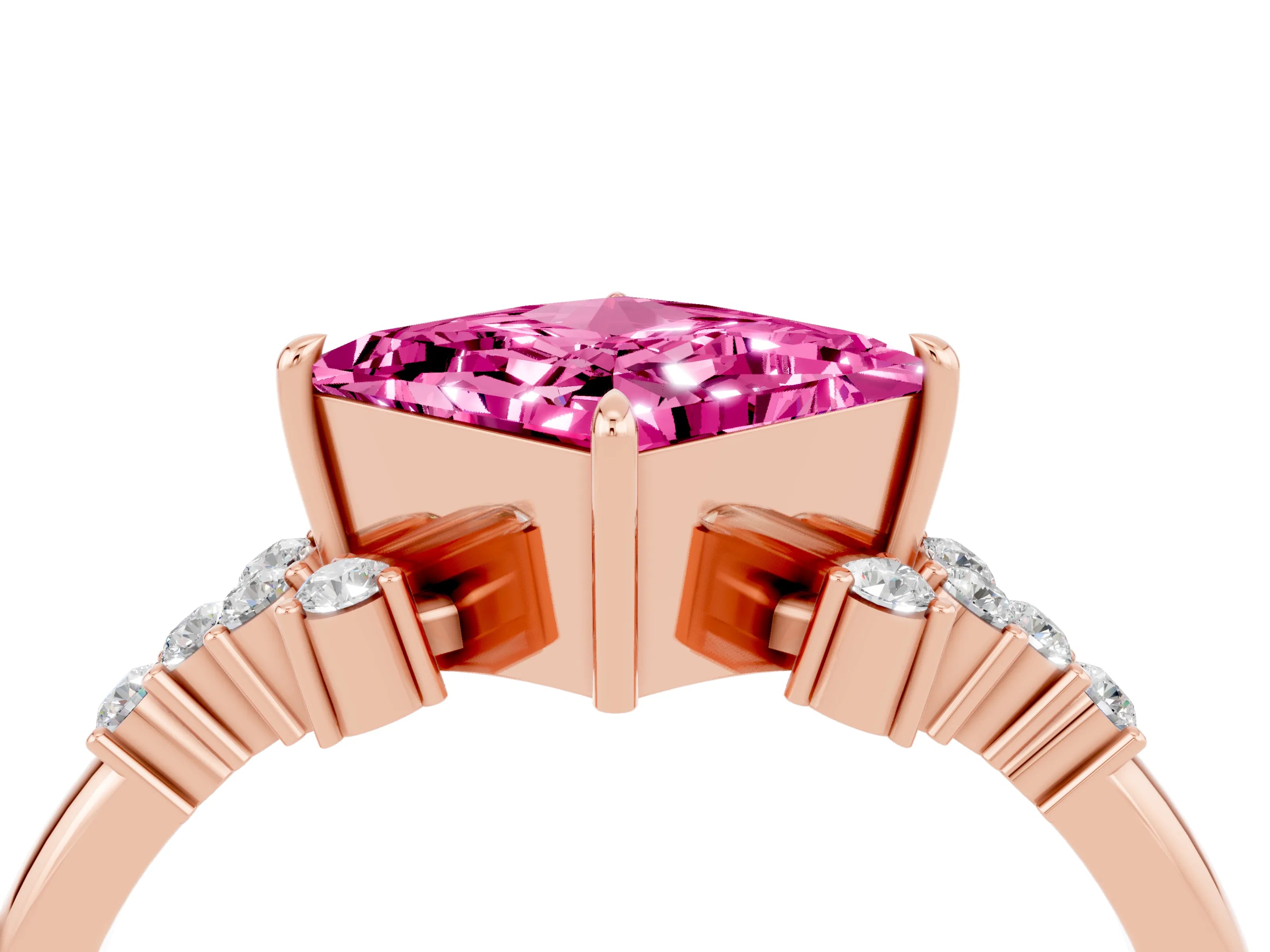 Rose gold Princess Cut Pink Sapphire Ring with Side Stones and Four-Prong Setting_64