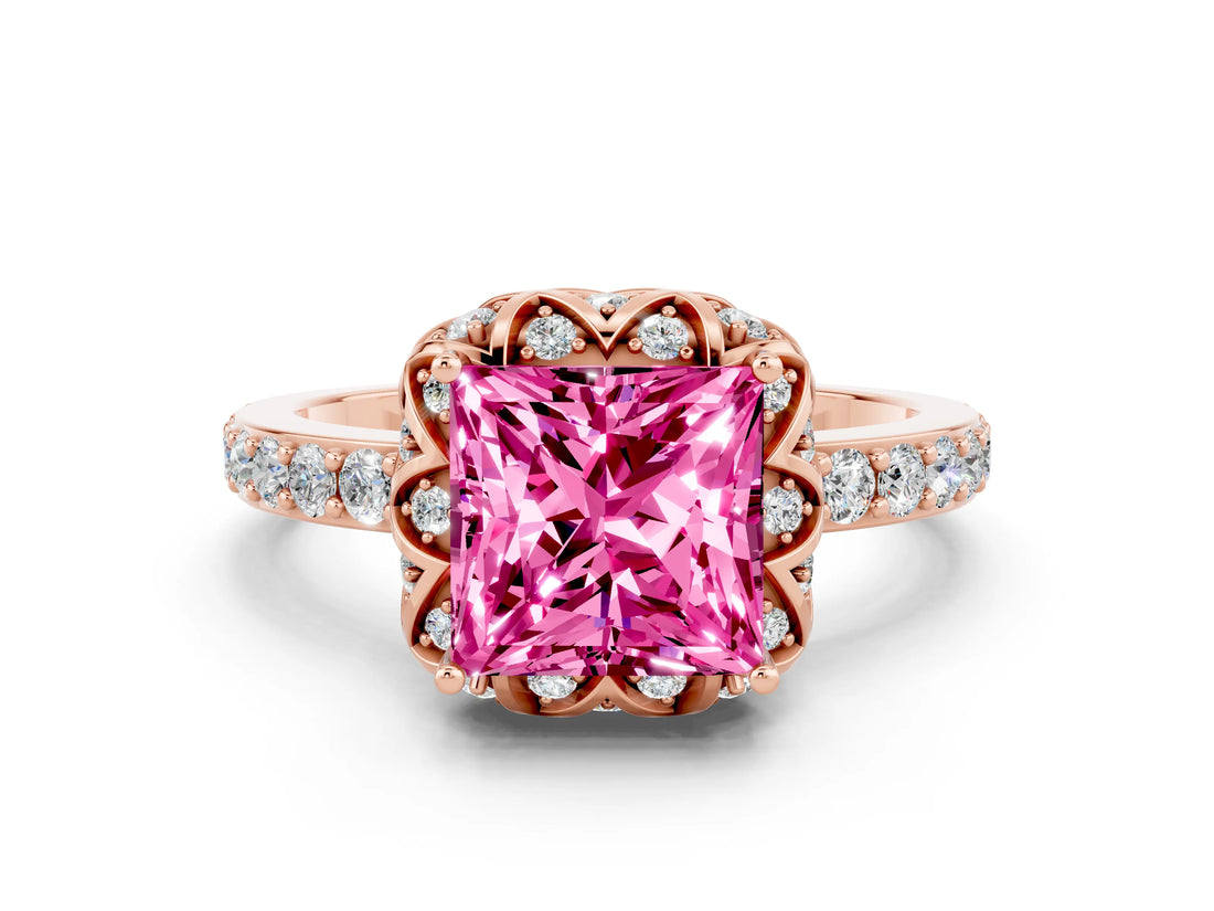 Rose gold Princess Cut Pink Sapphire Scalloped Halo Engagement Ring with Round Shared Prong Band_12
