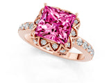 Rose gold Princess Cut Pink Sapphire Scalloped Halo Engagement Ring with Round Shared Prong Band_13