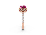 Rose gold Princess Cut Pink Sapphire Scalloped Halo Engagement Ring with Round Shared Prong Band_14