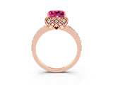 Rose gold Princess Cut Pink Sapphire Scalloped Halo Engagement Ring with Round Shared Prong Band_15