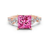 Rose gold Princess Cut Pink Sapphire Scattered Round Accent Ring with Prong Setting_12