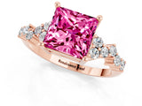 Rose gold Princess Cut Pink Sapphire Scattered Round Accent Ring with Prong Setting_13