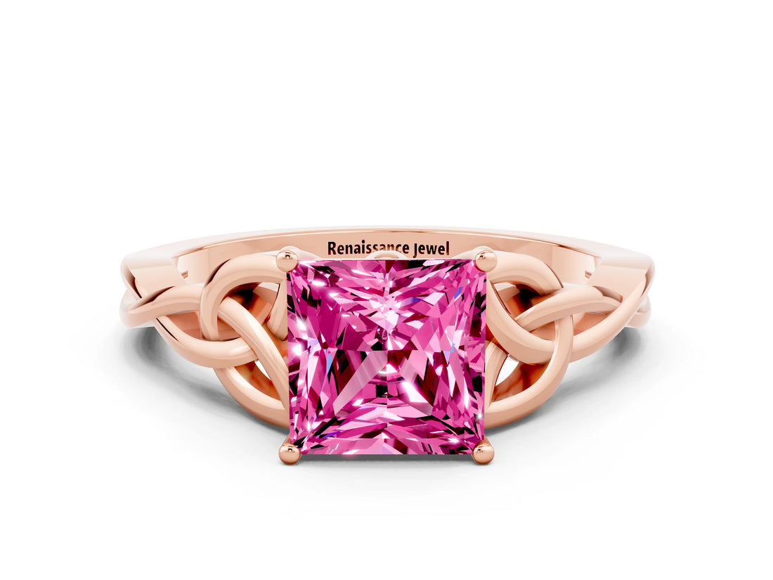 Rose gold Princess Cut Pink Sapphire Solitaire Celtic Knot Ring with Four-Prong Setting_36