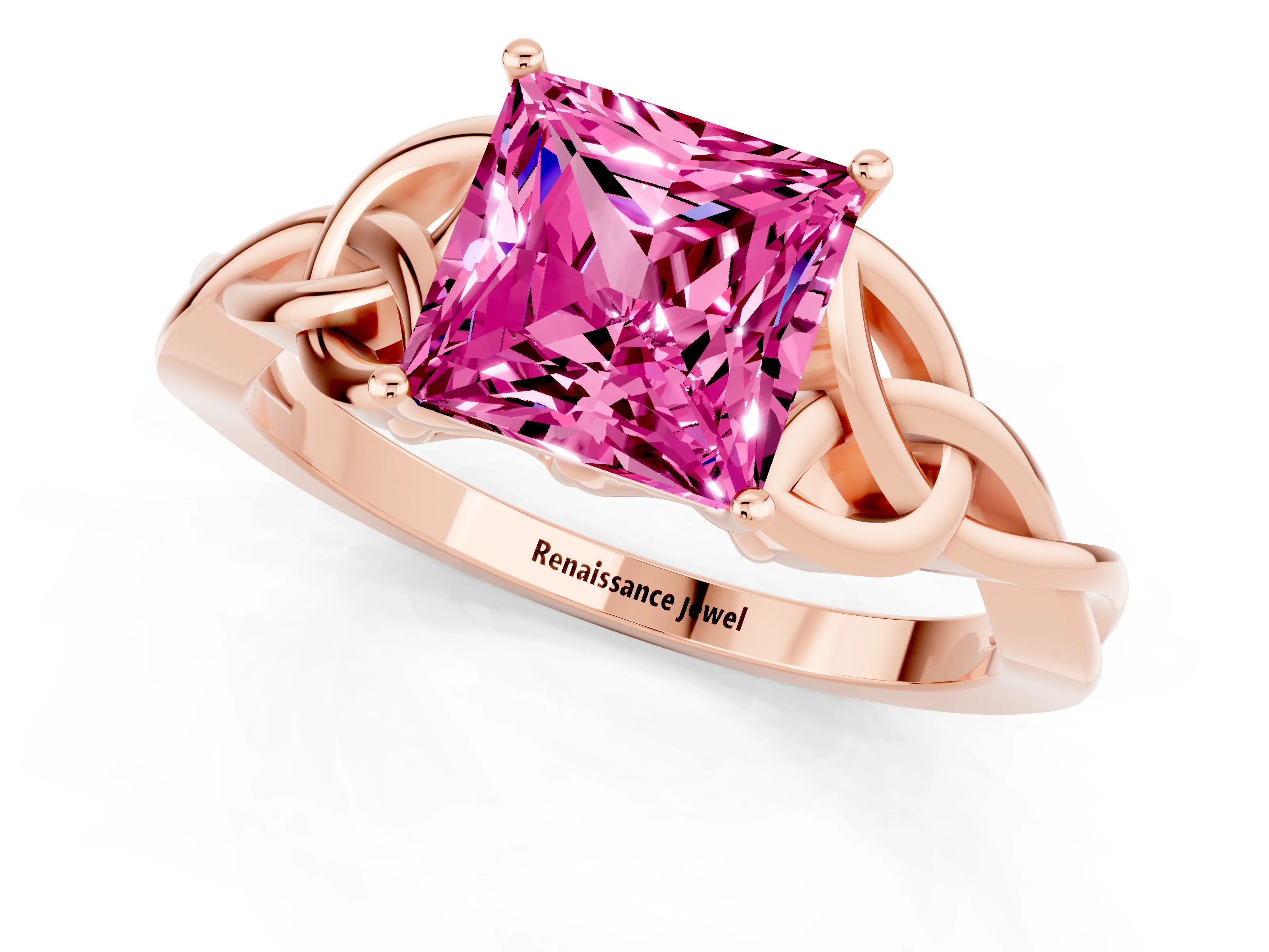 Rose gold Princess Cut Pink Sapphire Solitaire Celtic Knot Ring with Four-Prong Setting_37